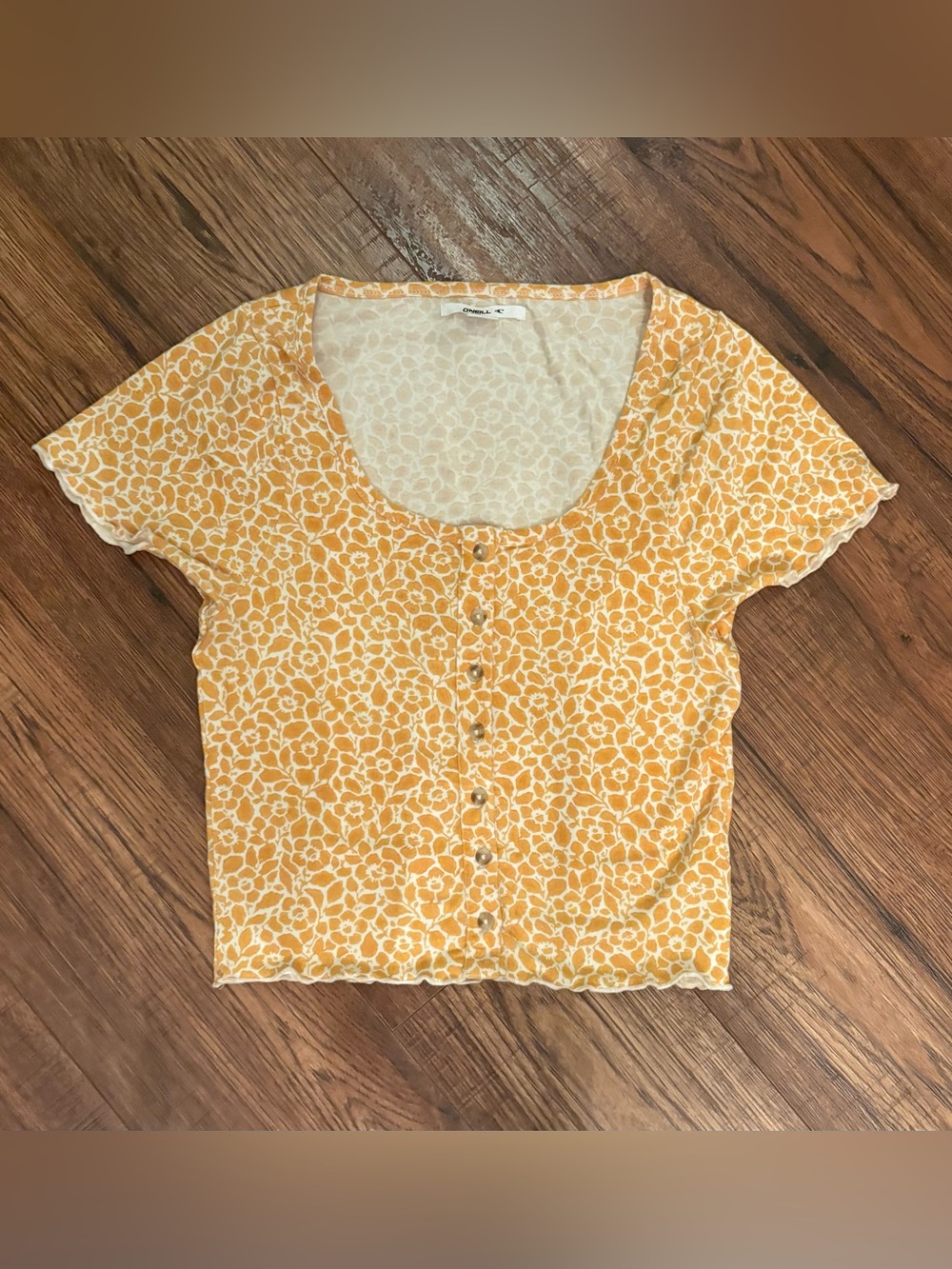 O'Neill Yellow Floral Scoop-Neck Cropped Button Front Top Size XS